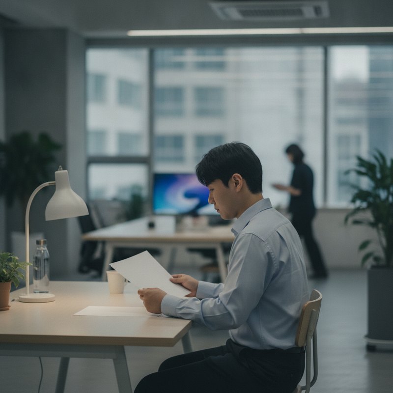 퇴근 후 책상에서 명세서를 확인하는 모습